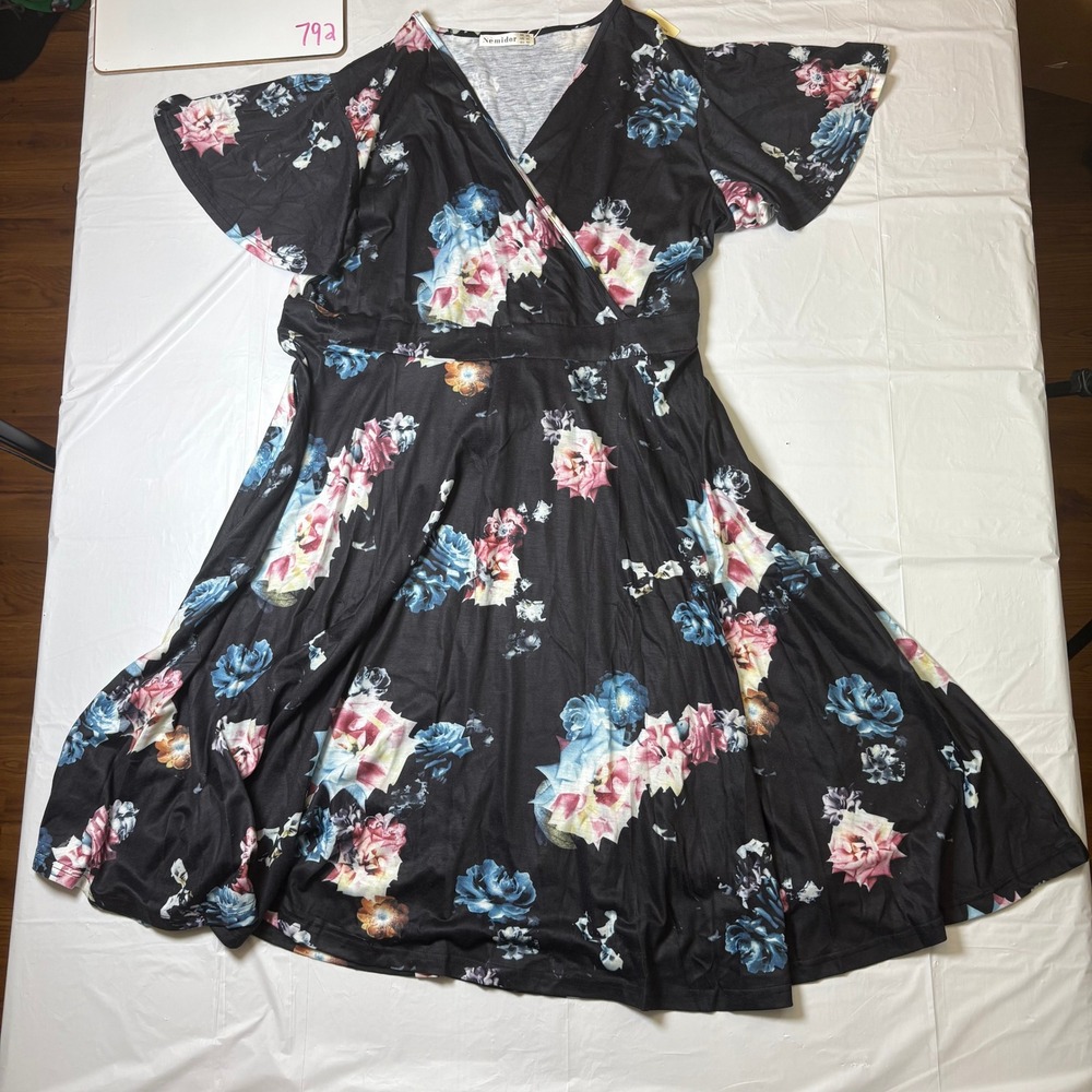 Nemidor Womens Plus Size 20 Floral Wrap V-Neck Flutter Sleeve Midi Dress Black